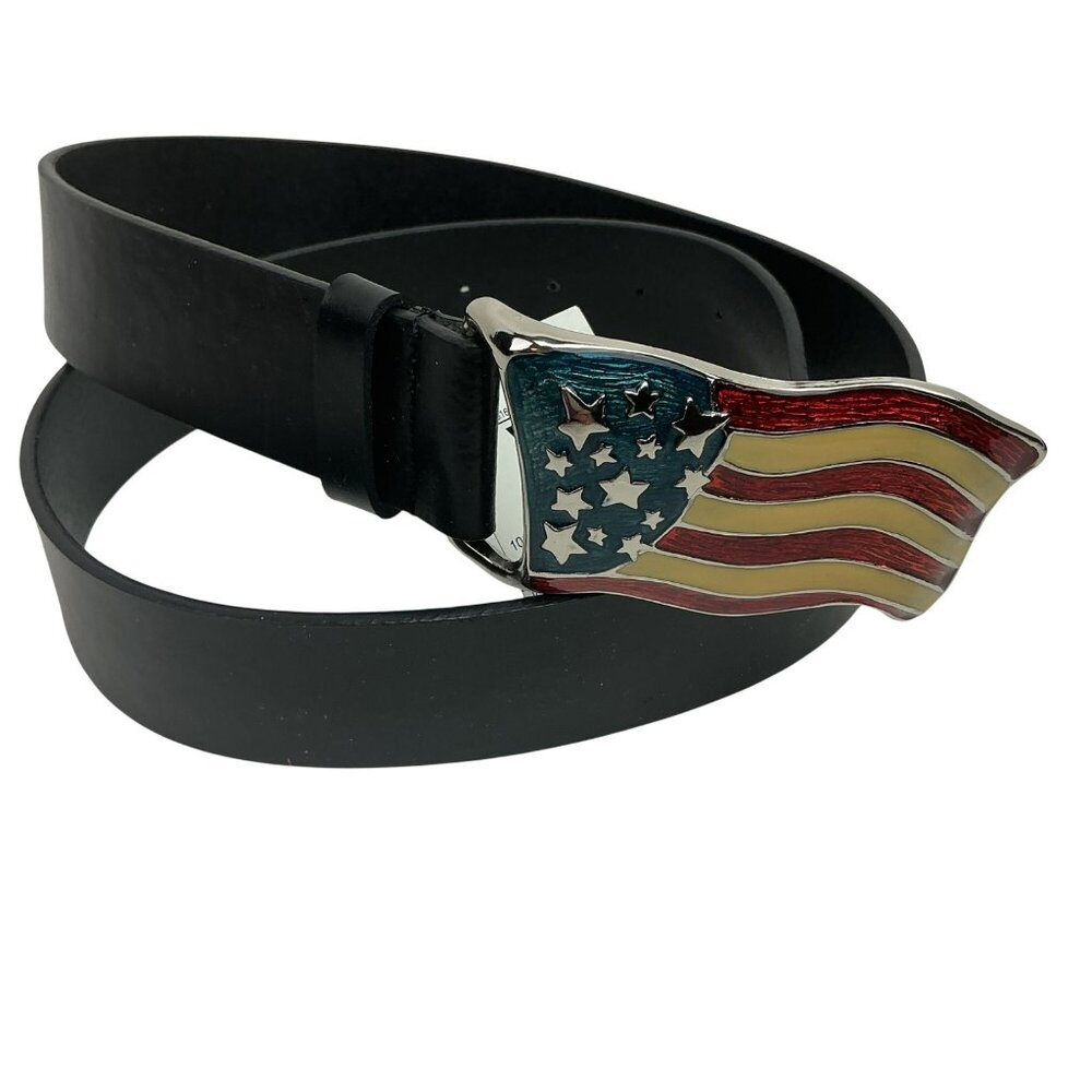 American Flag Patriotic Buckle Black Leather Belt XL Stars & Stripes NWT